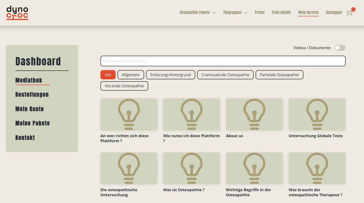 Filter und Suchfunktion im Dynocroc Dashboard für einfaches Osteopathoe online lernen